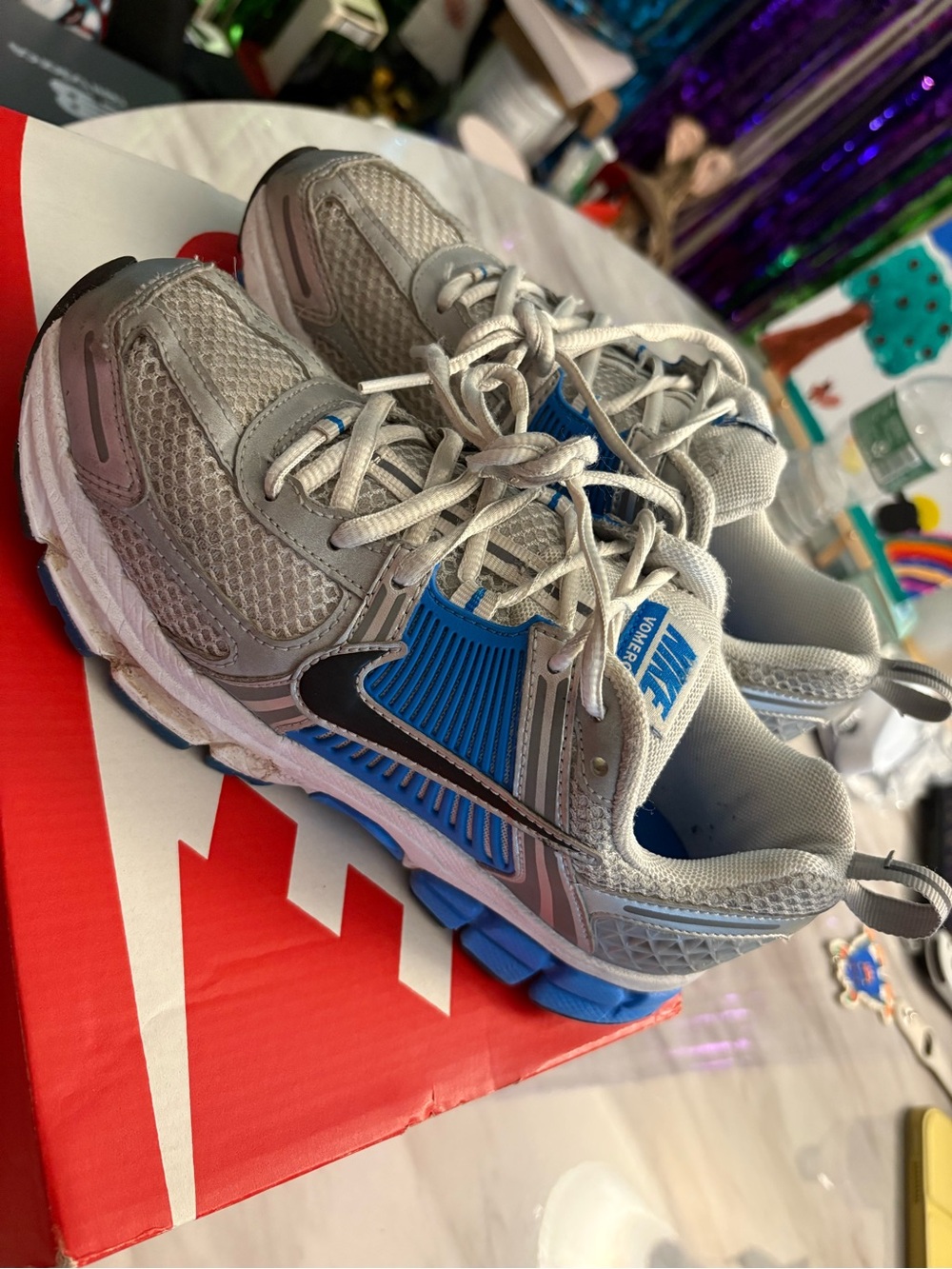 Nike Vomero Kids Gray and Blue Running Sneakers with Black Swoosh